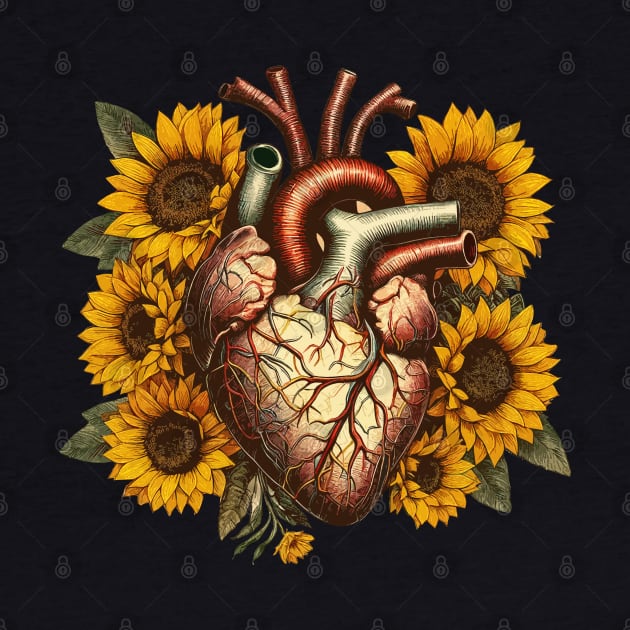 Floral botany Human heart, Vintage anatomy style, sunflowers Watercolor, human heart, anatomy art, student, doctor, medical by Collagedream